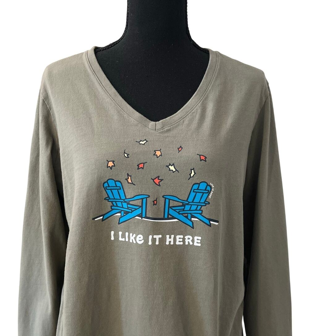 Life is Good I LIKE IT HERE Adirondack  Autumn Leaves Sz L Long Sleeve V-Neck